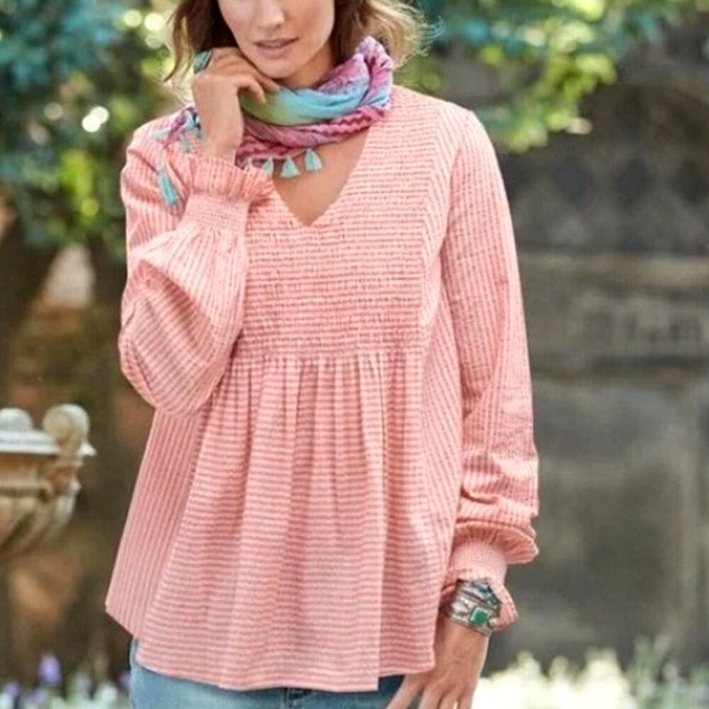 Sundance The Julia Top Women's Small Pink Striped Smocked V-Neck Cotton Boho